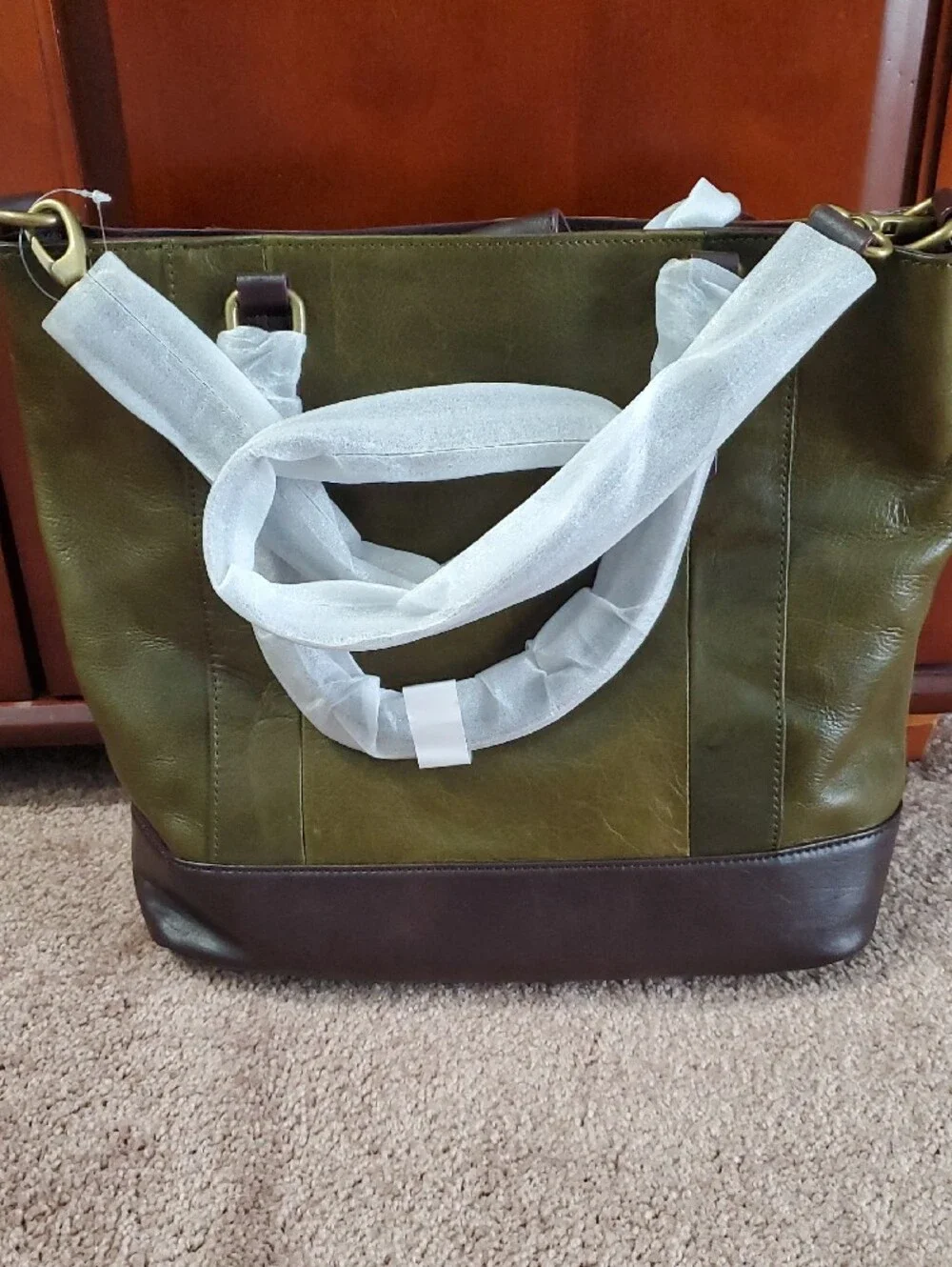 BRAND NEW!!  Tignanello Olive Green and Brown Leather Tote Bag